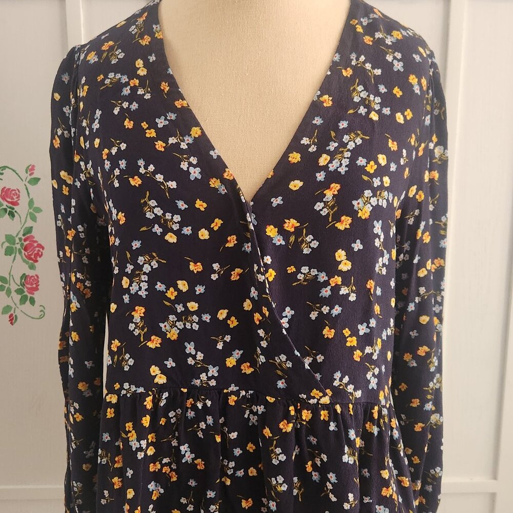 LOFT Faux Wrap Peplum Navy Blue Floral Long Sleeve Blouse
